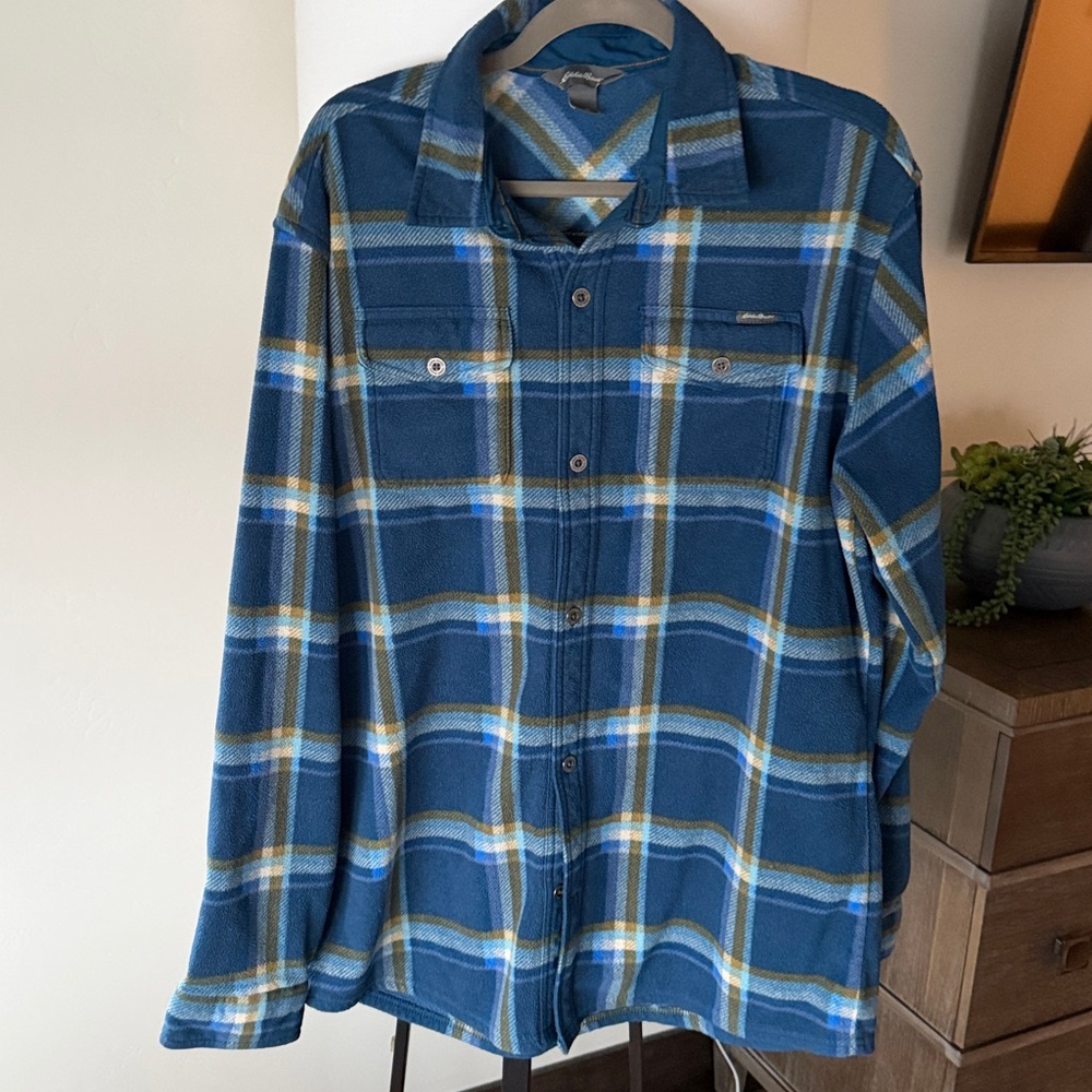 Eddie Bauer blue plaid fleece shirt shacket - size TL (tall large)
